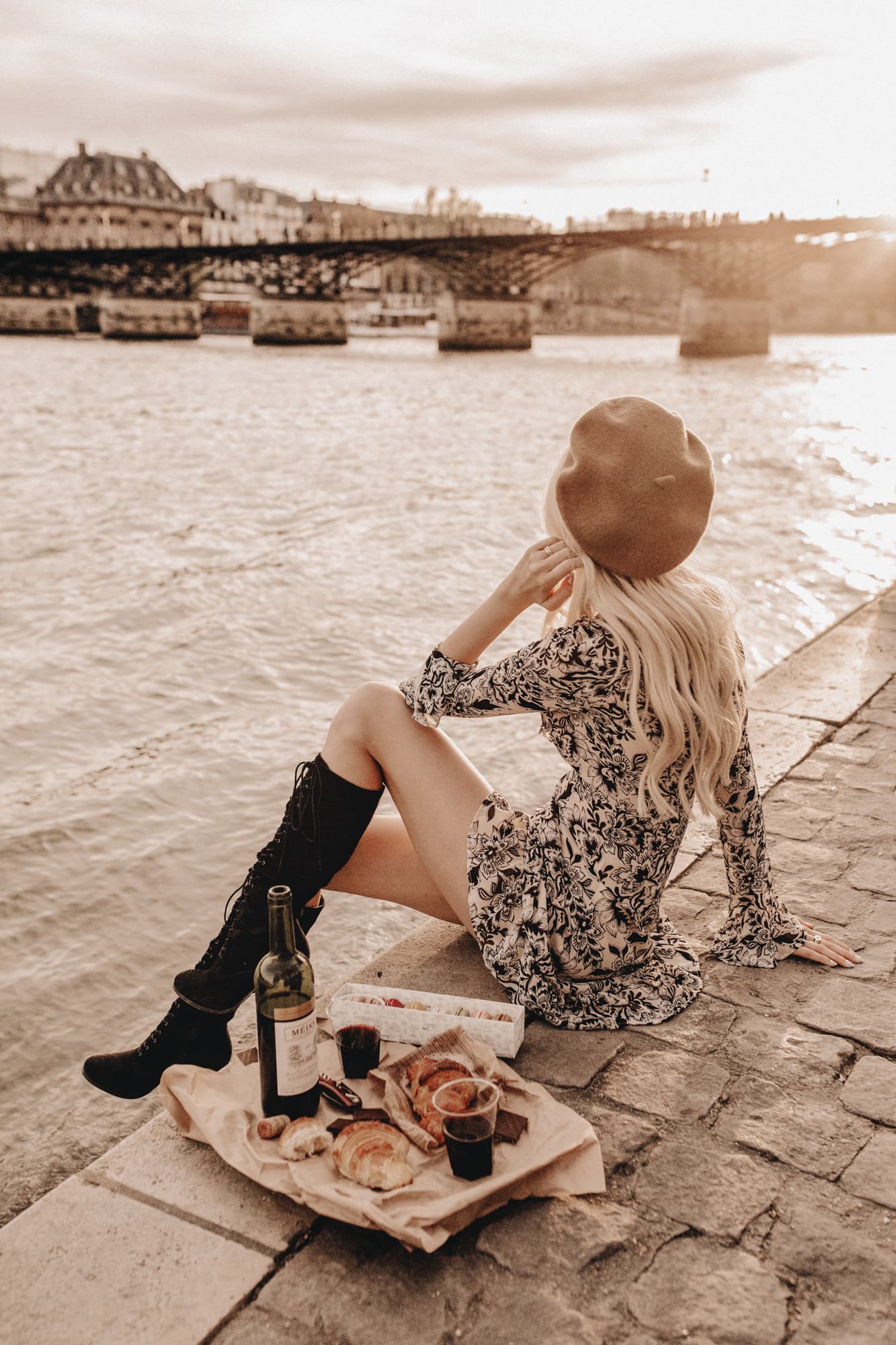 Sarah loven has picnic at La River Seine, golden hour